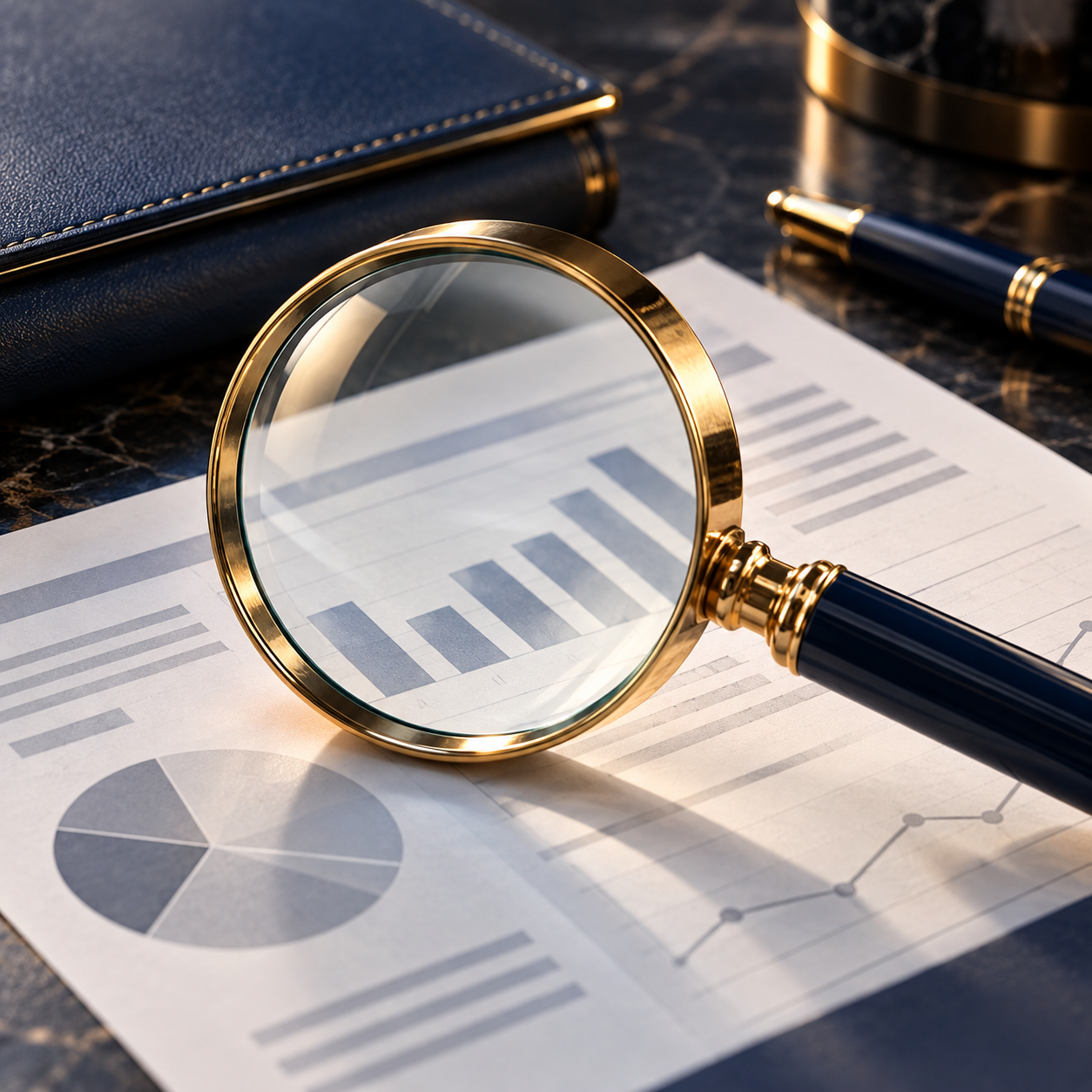 Magnifying glass over documents illustrating business research