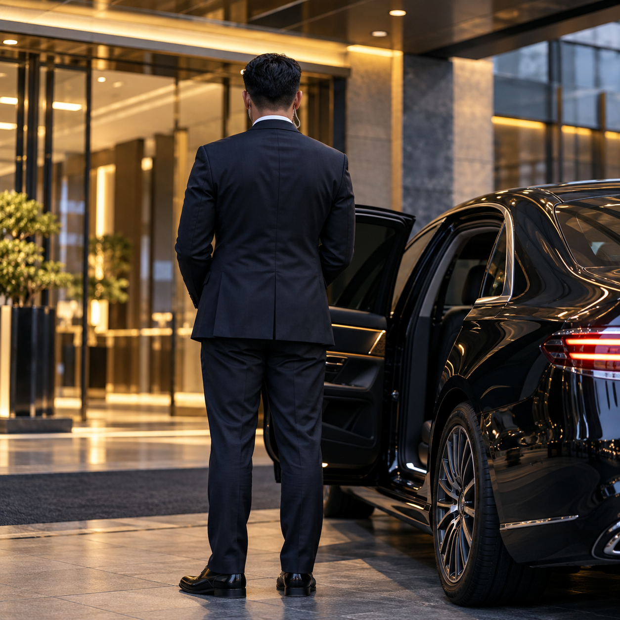Discreet executive protection beside a corporate vehicle